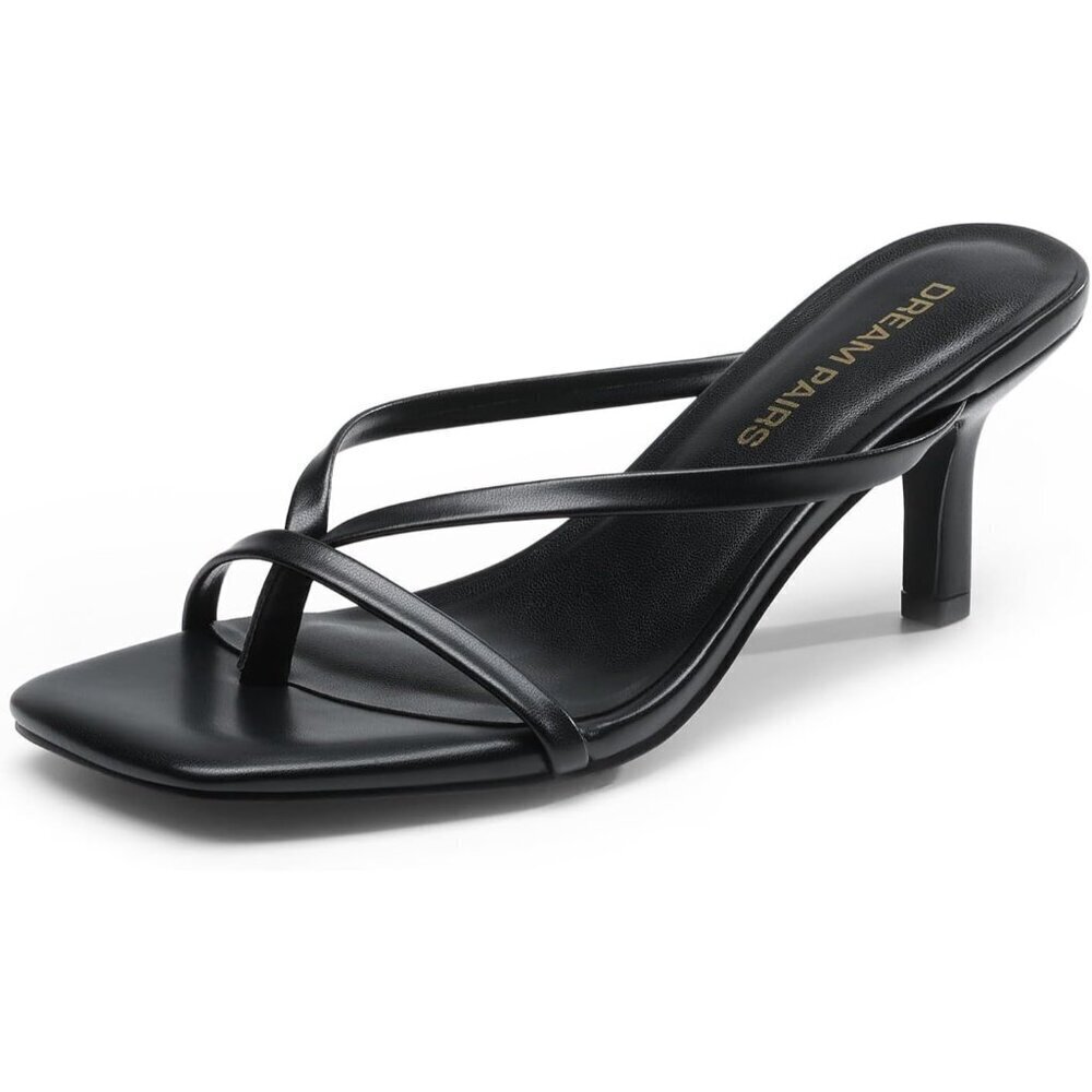 Dream Pairs Women Black Faux Leather Open Square Toe Thong Heeled Sandals